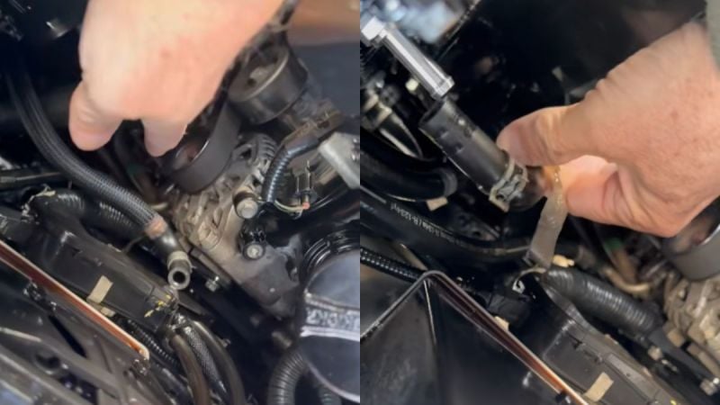 Close-up view of hands performing mechanical work on an engine, showing various hoses, connectors and engine components in a dark engine bay.