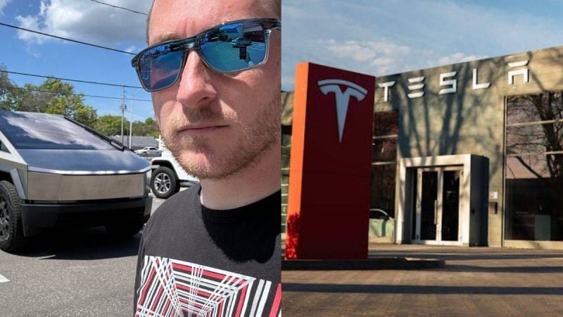 Tesla Cybertruck Owner next to Cybertruck and Tesla Dealership 