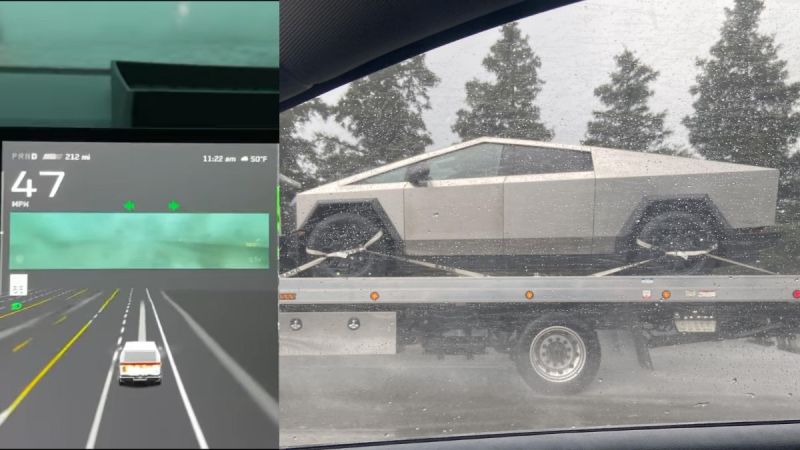 Tesla Cybertruck Being Towed in the rain
