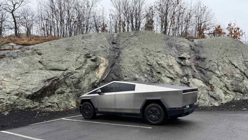 Tesla Cybertruck next to mountain
