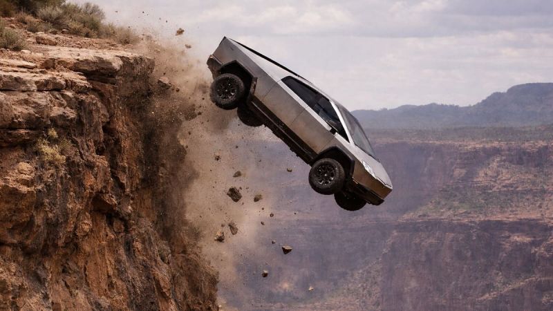 Tesla Cybertruck falling off a cliff
