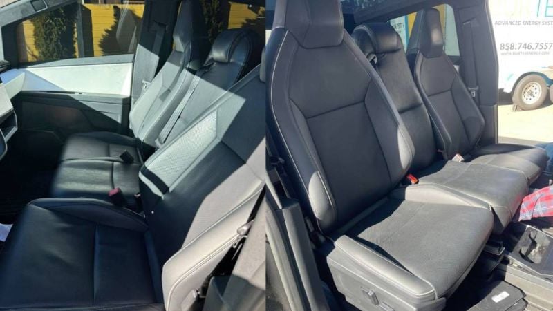 Tesla Cybertruck custom interior with three front seats, black leather upholstery, and center front seat modification for large families