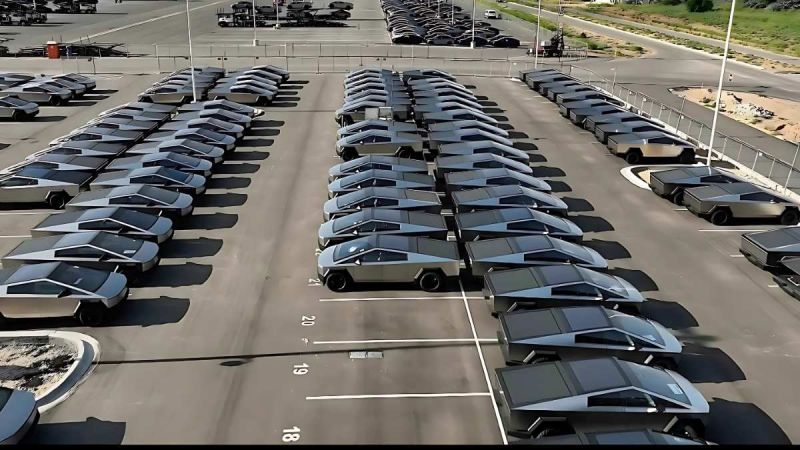 Tesla Cybertruck vehicles parked at the manufacturer's outbound parking lot