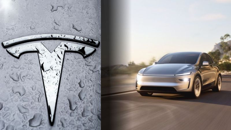 Tesla Model Y with Tesla logo next to it