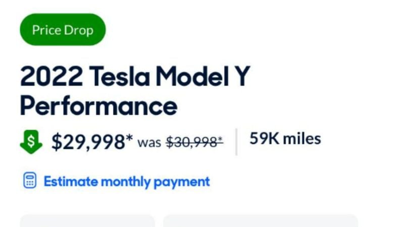 Advertisement for a 2022 Tesla Model Y Performance with a price drop to $29,998 from $30,998. The vehicle has 59K miles.