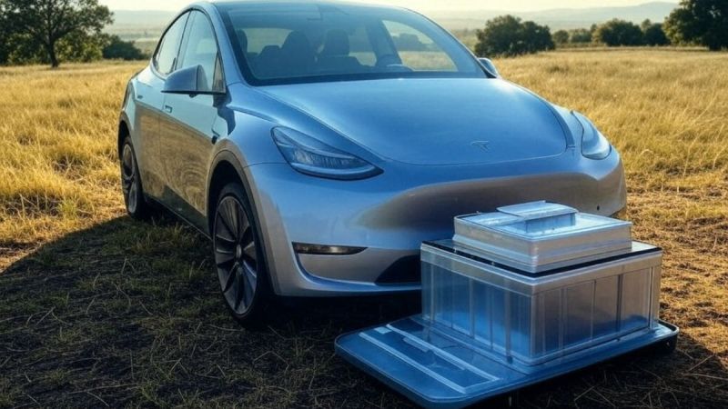Tesla Model Y and a battery in front of it