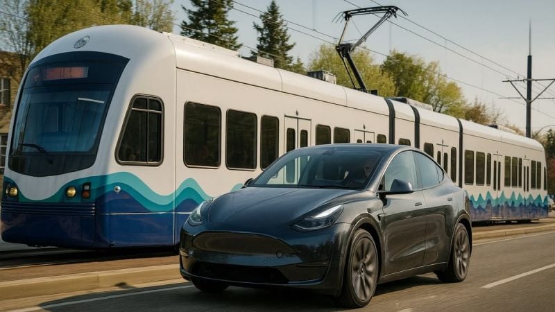 Tesla Model Y driving next to an electric light rail train