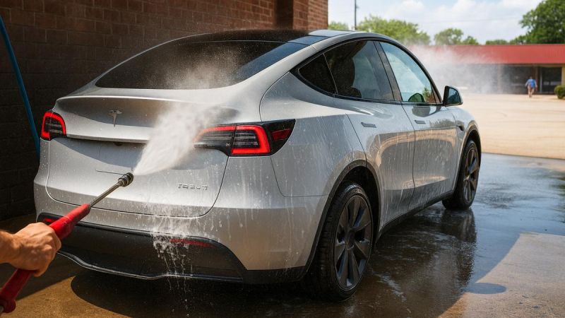 Silver Tesla Model 3 at a self-serve carwash