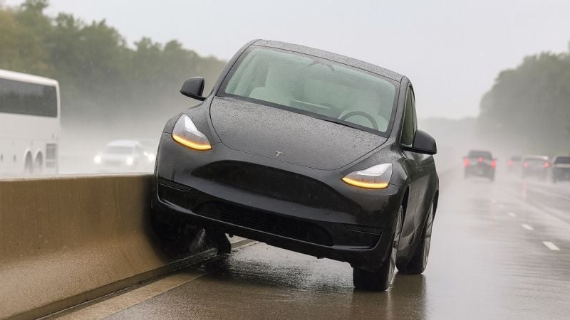 Picture of a Tesla Model Y on a highway concrete center divider