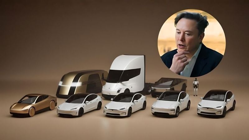 Elon Musk, Tesla Cybertruck, Optimus Robot, Tesla Semi, Robovan, Tesla Model S, 3, X, Y, Cybercab