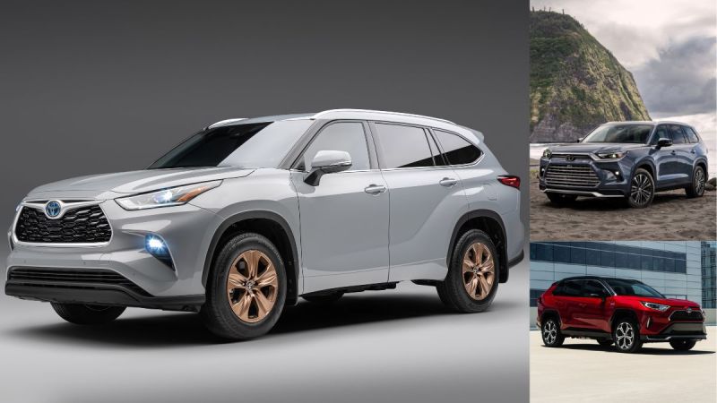 Silver Toyota Grand Highlander and red Rav 4 SUVs