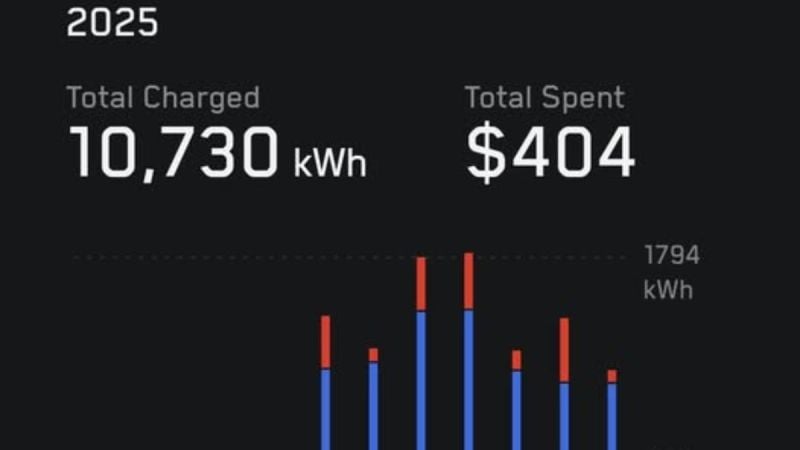 Screenshot of an energy usage dashboard showing total electricity consumption of 10,730 kWh and total cost of $404 in 2025, with a bar graph displaying monthly usage patterns in blue and red segments