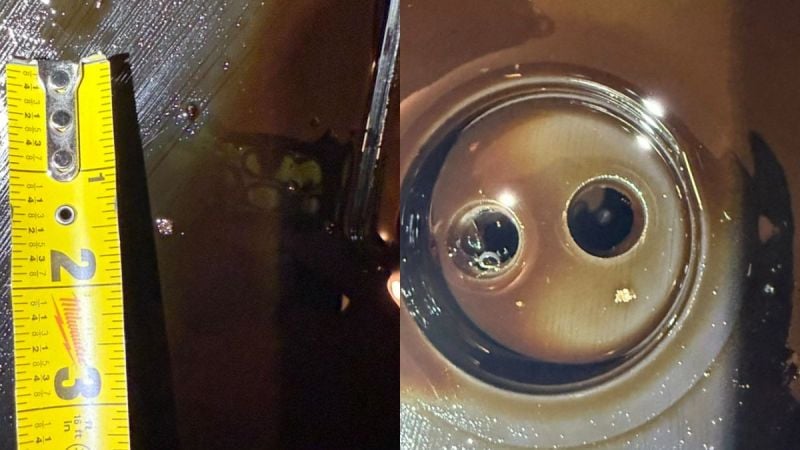Close-up image showing two sections: left has a yellow measuring tape against a dark and metallic sparkling engine oil; right features a circular shape in a glossy brown similar oil surface.