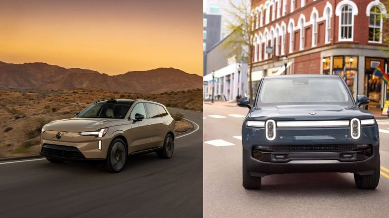 A side-by-side comparison of two electric SUVs: a gold Volvo EX90 in a desert setting and a gray Rivian in an urban street.