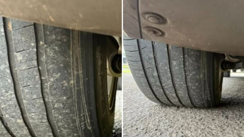 Two photos of a dirty tire from a Tesla Model Y, highlighting its rugged condition