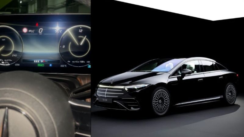 A sleek black Mercedes EQS displayed in a gallery, alongside a close-up of its high-tech dashboard and steering wheel.