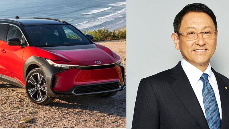 Akio Toyoda with once of its legacies: the Toyota bZ4X EV