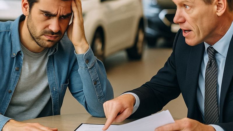 Customer having a bad time haggling with a car salesman