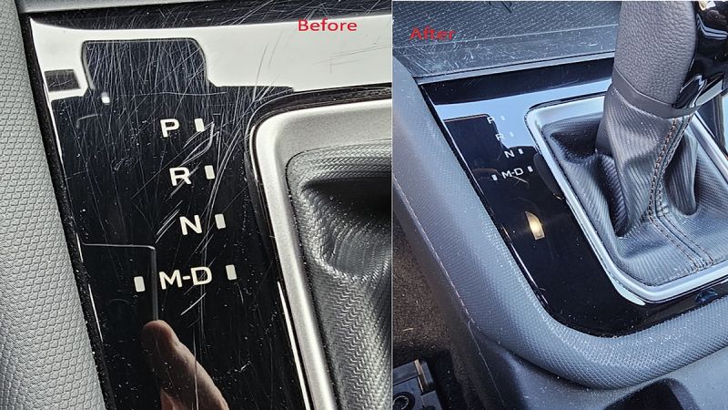 Before an after piano-black trim repair on a Subaru Forester