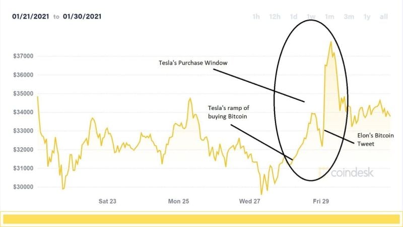 Bitcoin price chart, Elon Musk, January, 2021