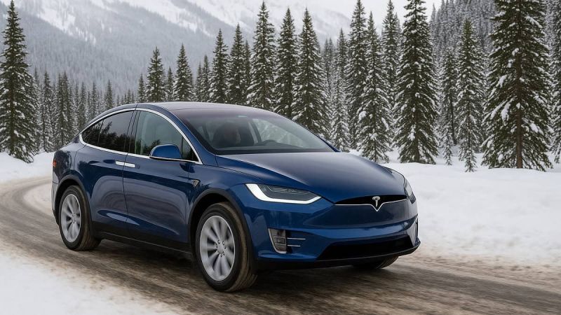 Blue Tesla Model X driving on a snow-covered mountain road