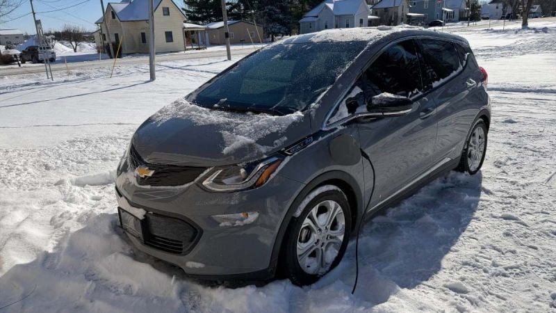 A Chevrolet Bolt charges in arctic temperatures outside