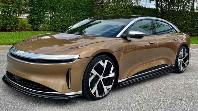 Breathless Racing's front splitter, side skirts and rear spoiler/diffuser add downforce and a subtle meanness to the Lucid Air's Styling