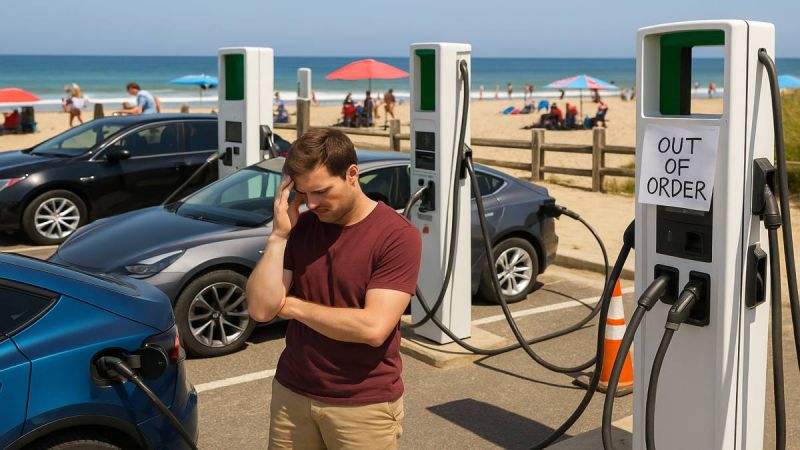Image of EV driver at beach in front of out-of-service charger
