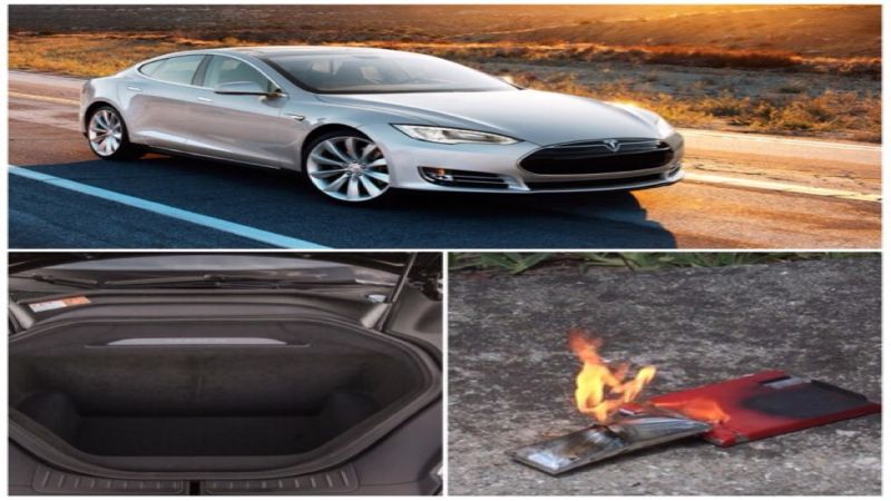 Tesla Model S similar to the 12/31/14 caught fire courtesy Tesla media. A frunk Courtesy tesa forums. A lith ion combustion courtesy YouTube.