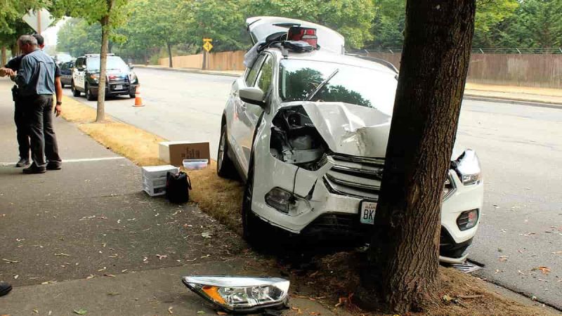 Officers (in rear) Investigate After A Car Hits A Tree