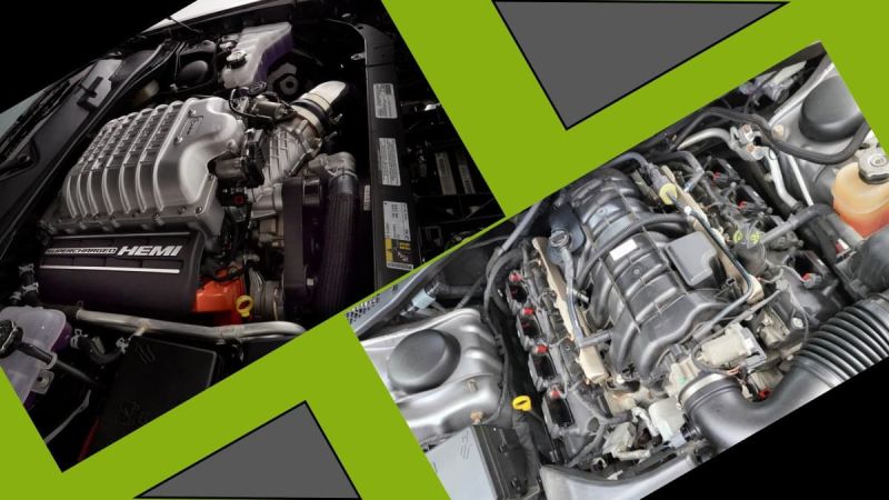 Two Engines compared side by side, The Challenger SRT Hellcat X, and the Challenger R/T Plus