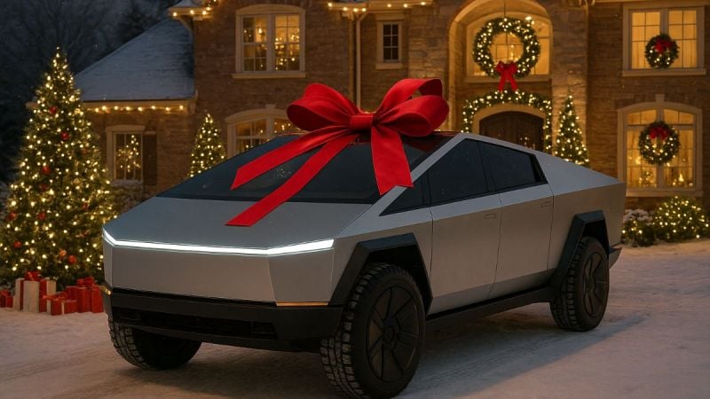A Tesla Cybertruck is wrapped up as a holiday gift in this generated image