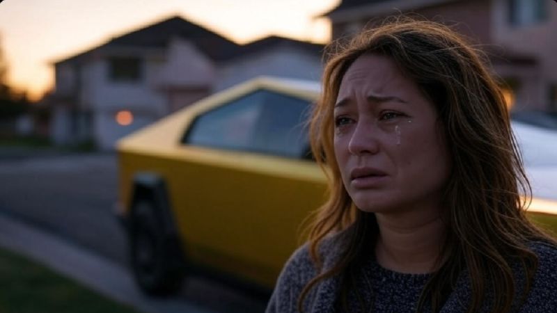 Image of woman crying standing next to Cybertruck created using Grok