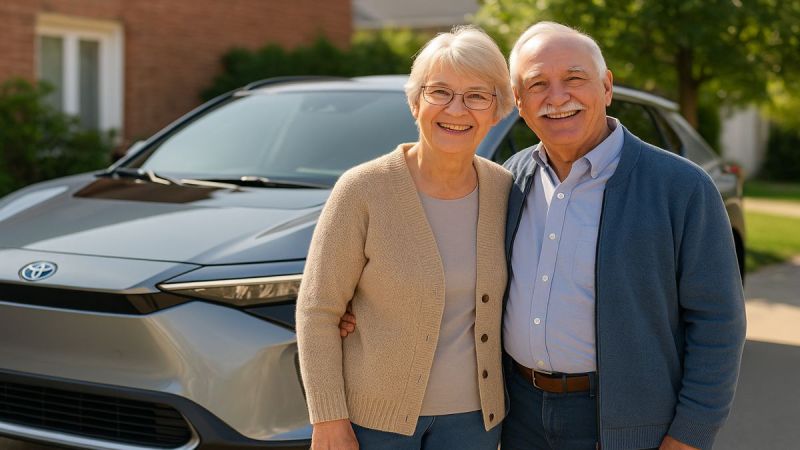 Senior couple in front of their Toyota bZ4X electric vehicle