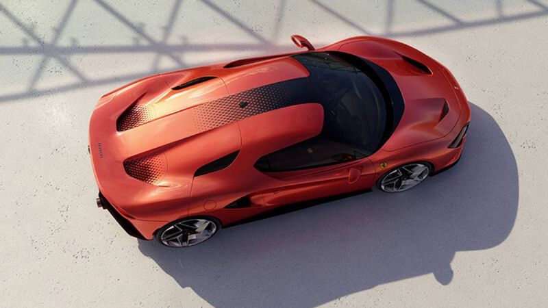 Ariel view of the new Ferrari SP48 Unica showing its arrow-shaped roof design and opaque engine cover