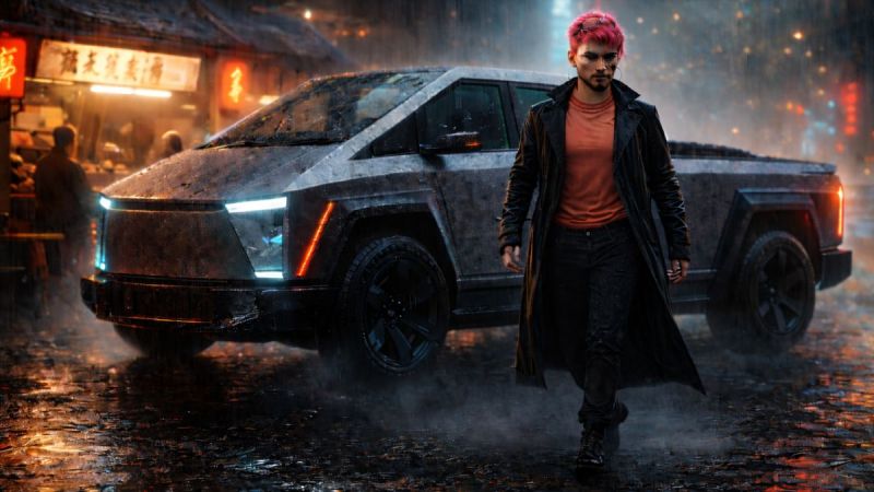 Cybertruck rendering with a Blade Runner type character