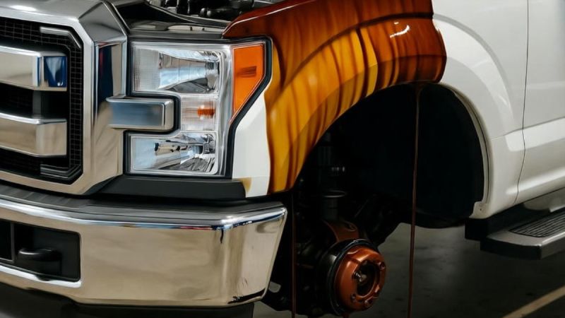 Ford F-150 with oil leaking over the sides 