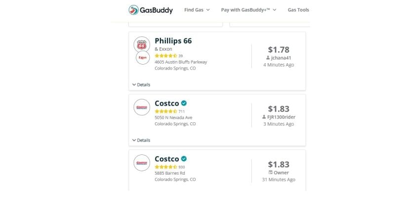 Gas price listing courtesy of Gas Buddy. 