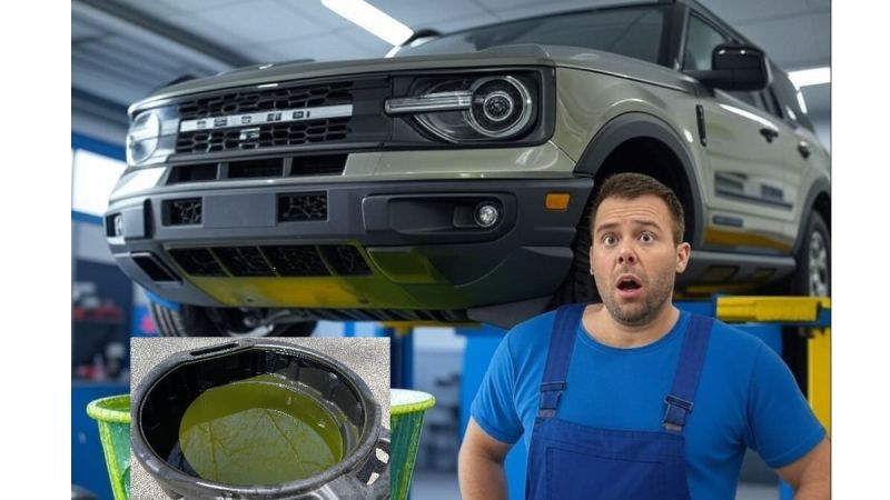 AI generated image using Grok shows a surprised owner changing his oil and finding to be green