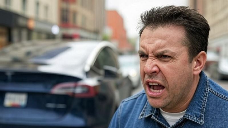 Image of man yelling at Tesla vehicles as they drive past generated by Grok