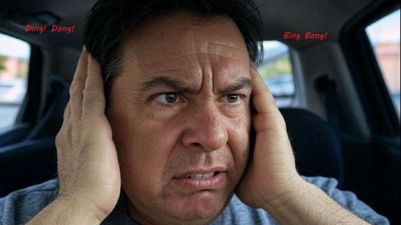 Image shows a man covering his ears while car warning chimes drive him crazy created using Grok by John Goreham