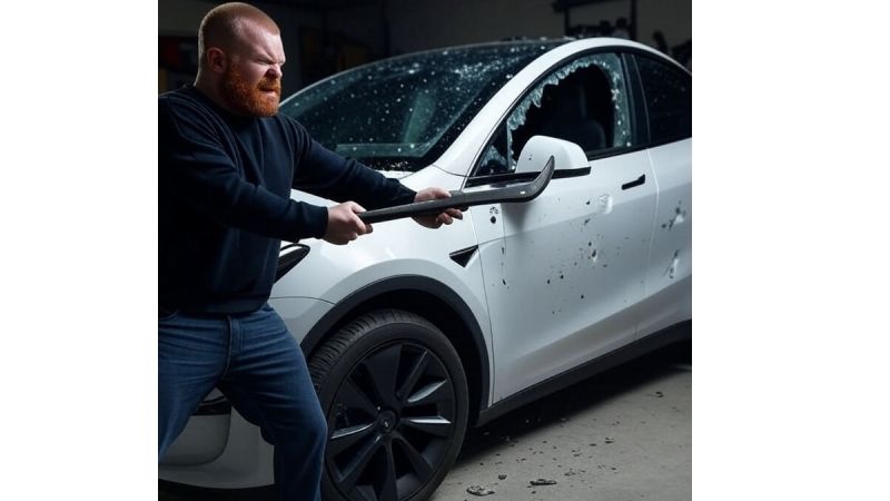 Grok image shows a man destroying a Tesla Model Y in protest