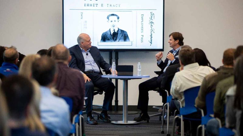 Outgoing Ford CEO Jim Hackett with incoming CEO Jim Farley