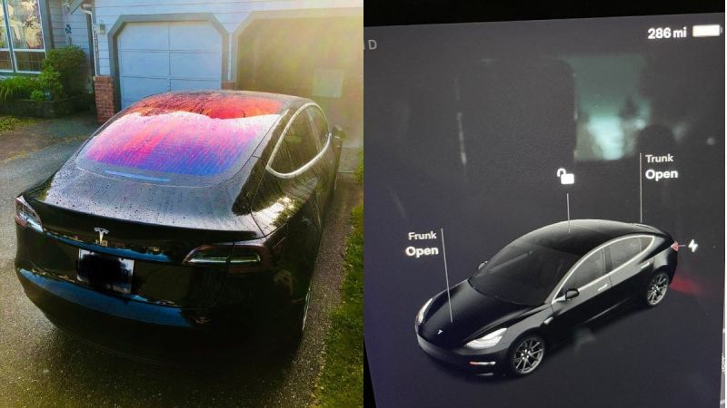 Black Tesla Model 3 with multimedia display showing maximum driving range