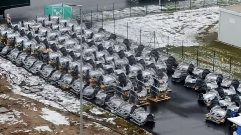 Hundreds of Front Giga Castings Outside Giga Berlin - Model Y Production In Full Force