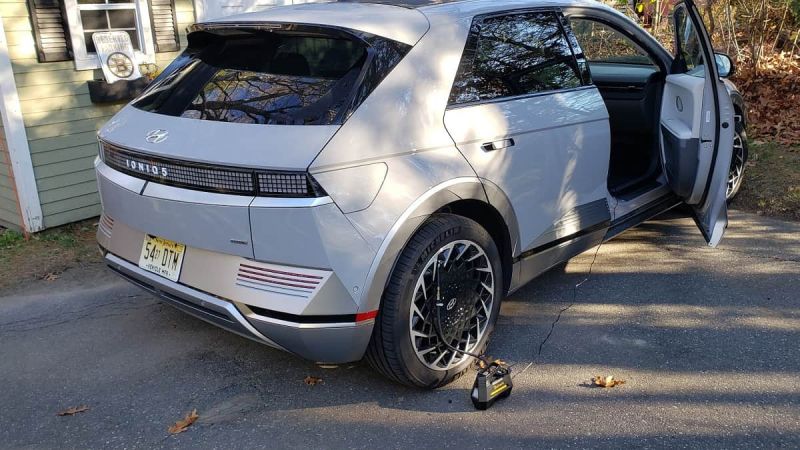 Hyundai Ioniq 5 tire being pumped up image by John Goreham which tires are best