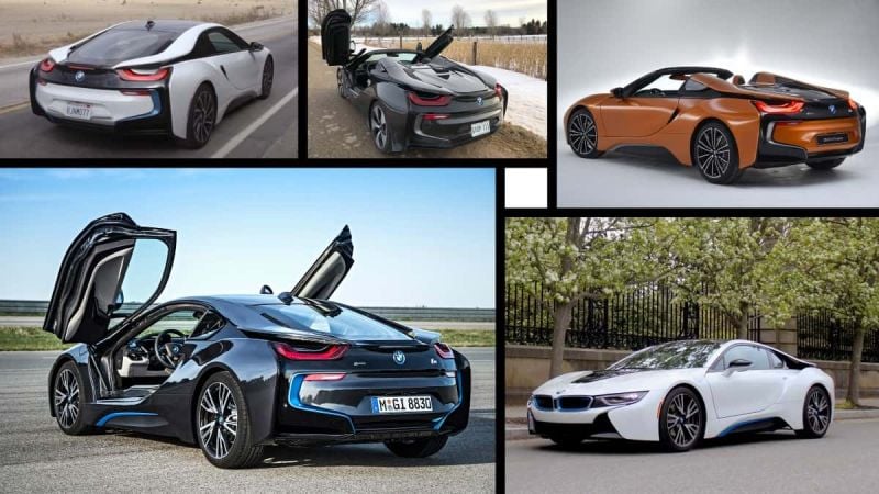 Several views of the BMW i8, a hybrid sportscar.