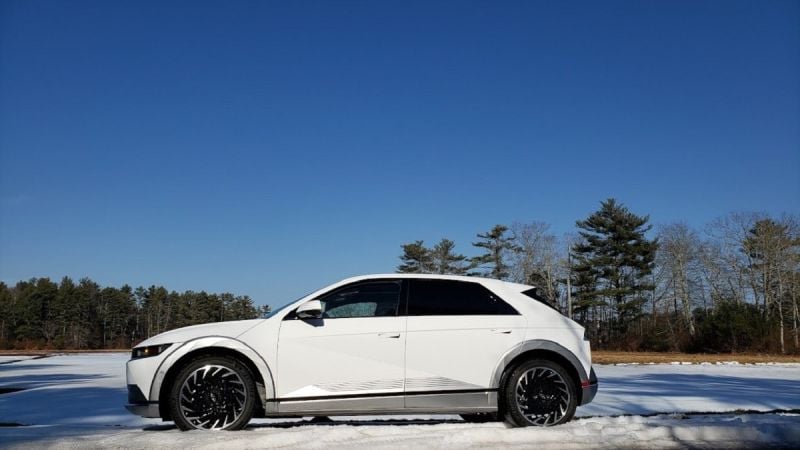 A Hyundai Ioniq 5 is shown on a snowy plain