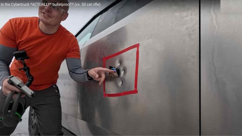 Just How Bulletproof Is the Tesla Cybertruck's Stainless Steel Exoskeleton? 50 Caliber Rifle Tested on Cybertruck Among Many Other Firearms
