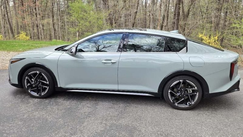 2025 Kia K4 GT-Line side image taken by John Goreham highlights the Morning Haze paint.